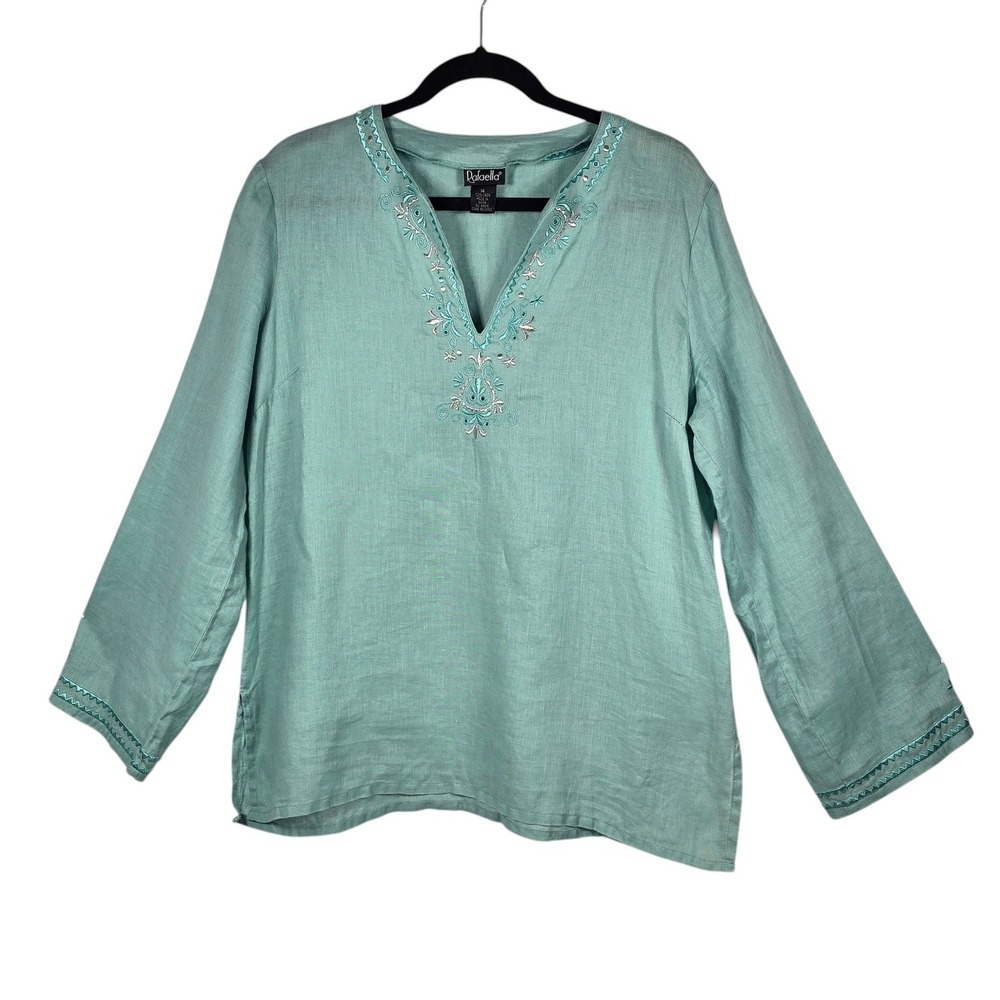 Rafaella Womens‎ 100% Linen Embroidered Tunic Top Seafoam Green Size 14 V-Neck